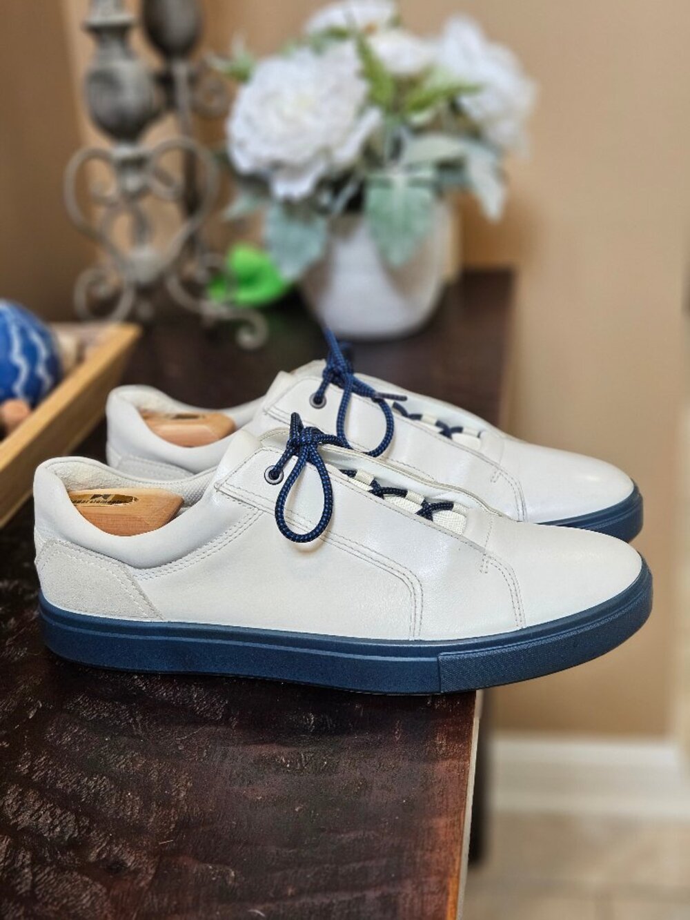 ECCO Men's Kyle Leather Sneakers, White/Blue, Sz 13 (EU 47)